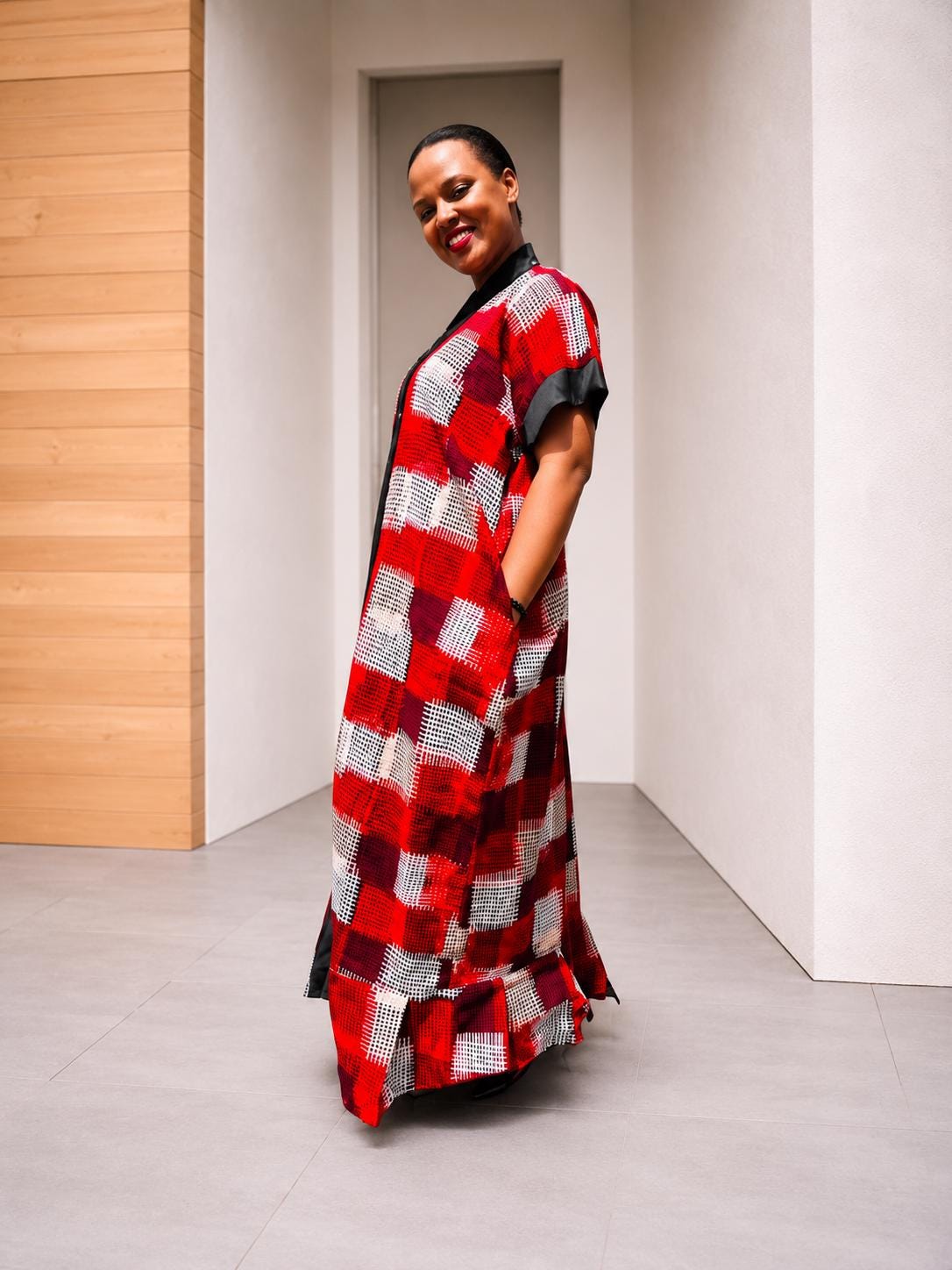 Open-Front Plaid Kampala Gown | Red Geometric Silk Kaftan, Satin-Placket Adire