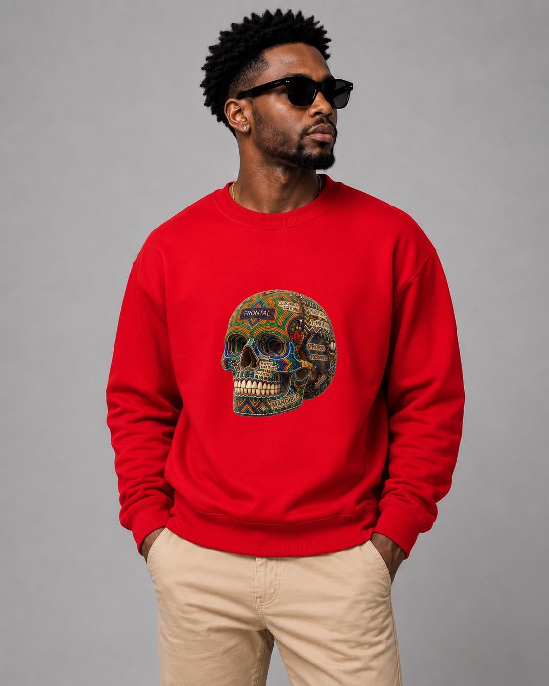 Ornate Skull Sweatshirt, African Inspired Mosaic Skull Crewneck, Halloween Graphic Streetwear