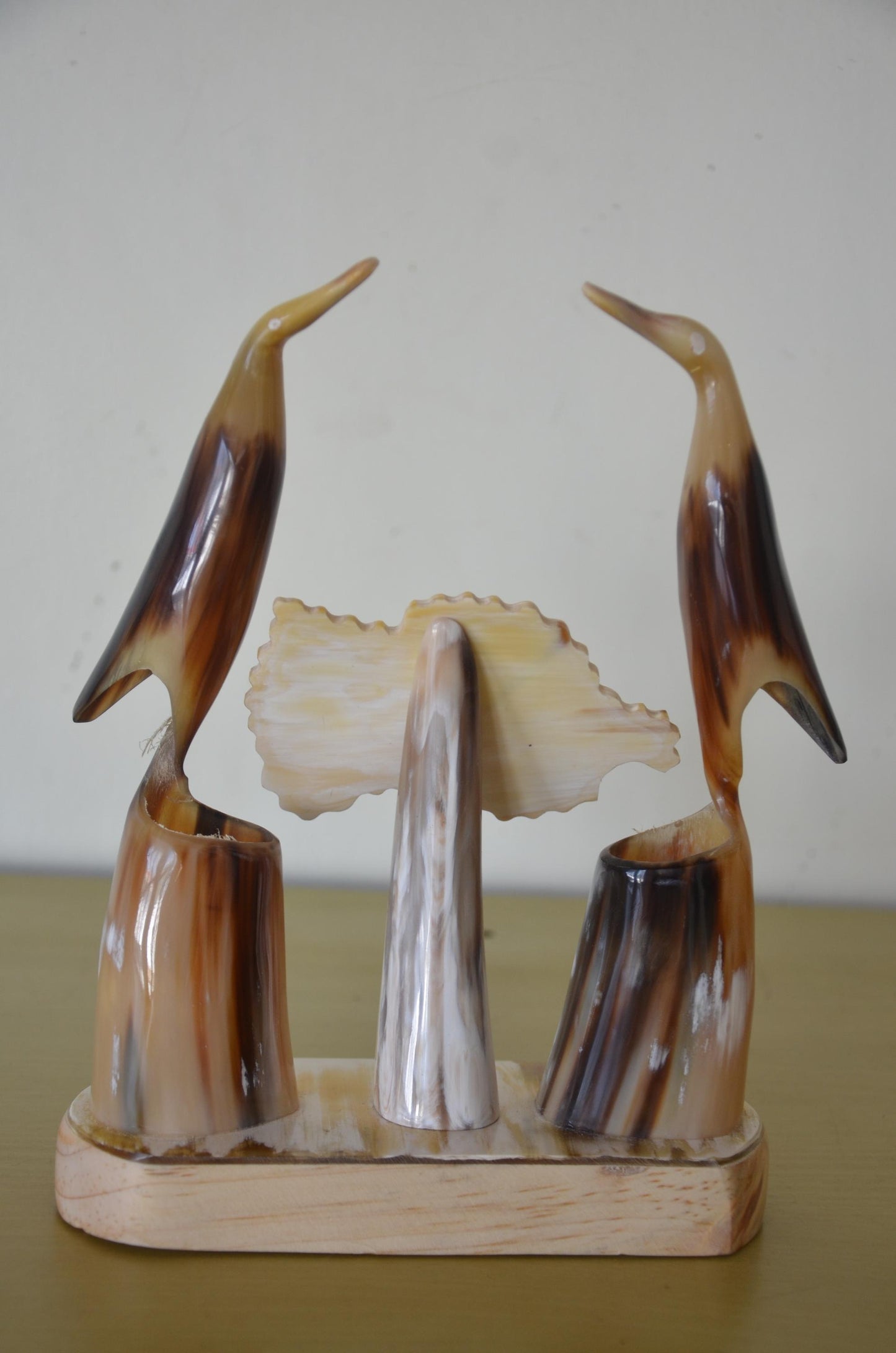 Handcrafted African Ankole Cow Horn Desk Organizer | Polished Bull Horn Bird Sculpture