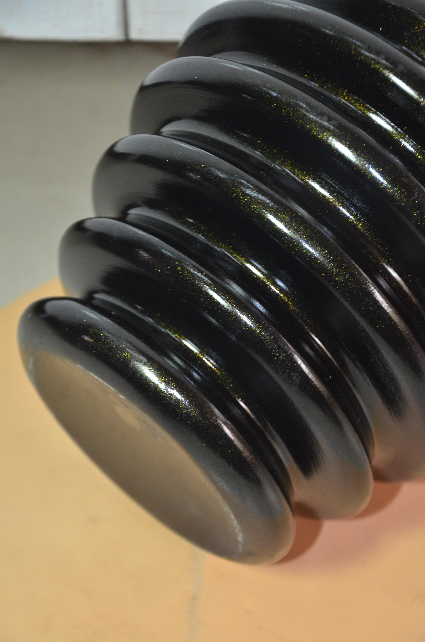 Large Black Wooden Ribbed Vase | Gold Shimmer Beehive Ringed Vessel, Nordic Decor