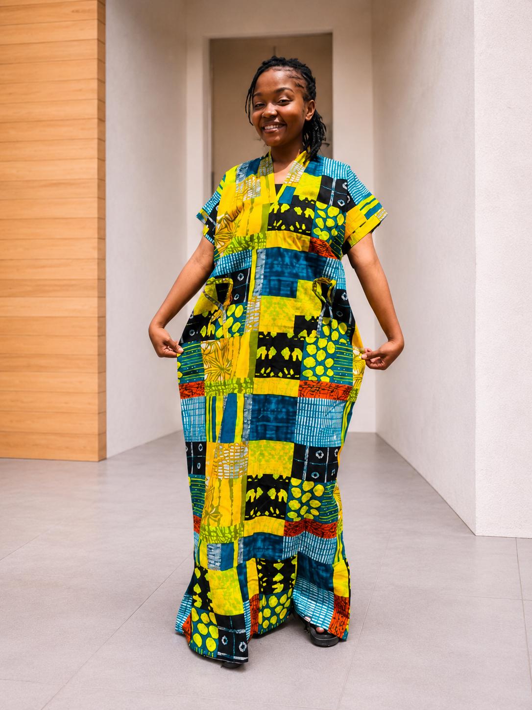 Deela Ankara Patchwork Bubu Dress | Free Size African Print Caftan, Maxi Dress