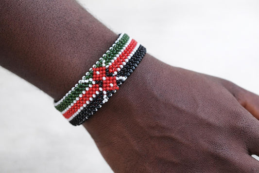 Kenyan Flag Beaded Bracelets One Pair, Handmade African Kenya Pride Jewelry, Maasai Beadwork Set