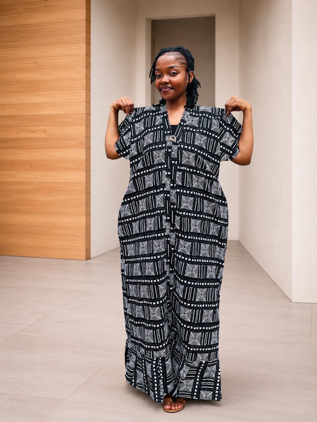 Black & White Box-Pattern Shirt Kaftan | Buttoned Tribal Boubou, Monochromatic Maxi