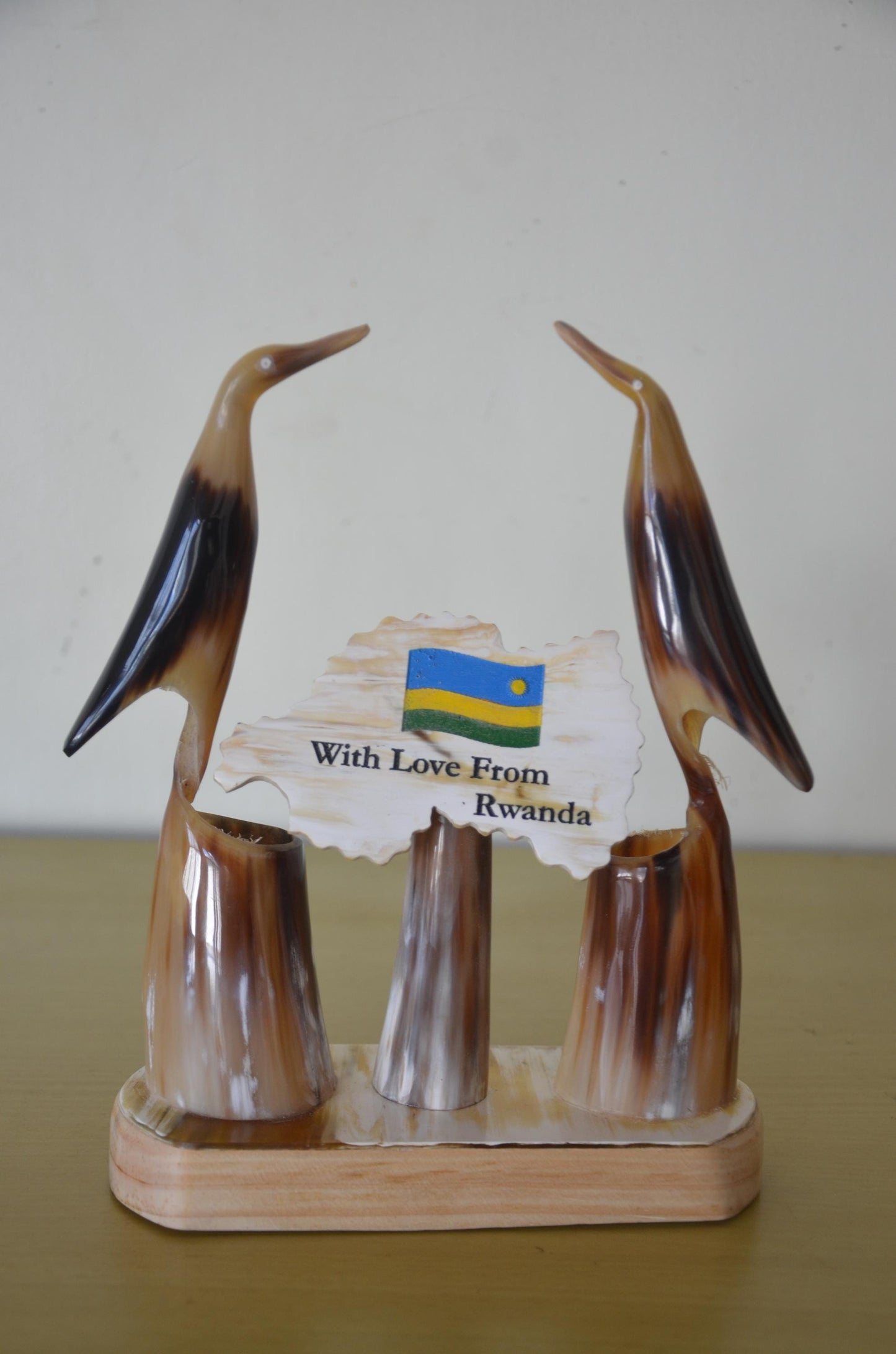 Handcrafted African Ankole Cow Horn Desk Organizer | Polished Bull Horn Bird Sculpture