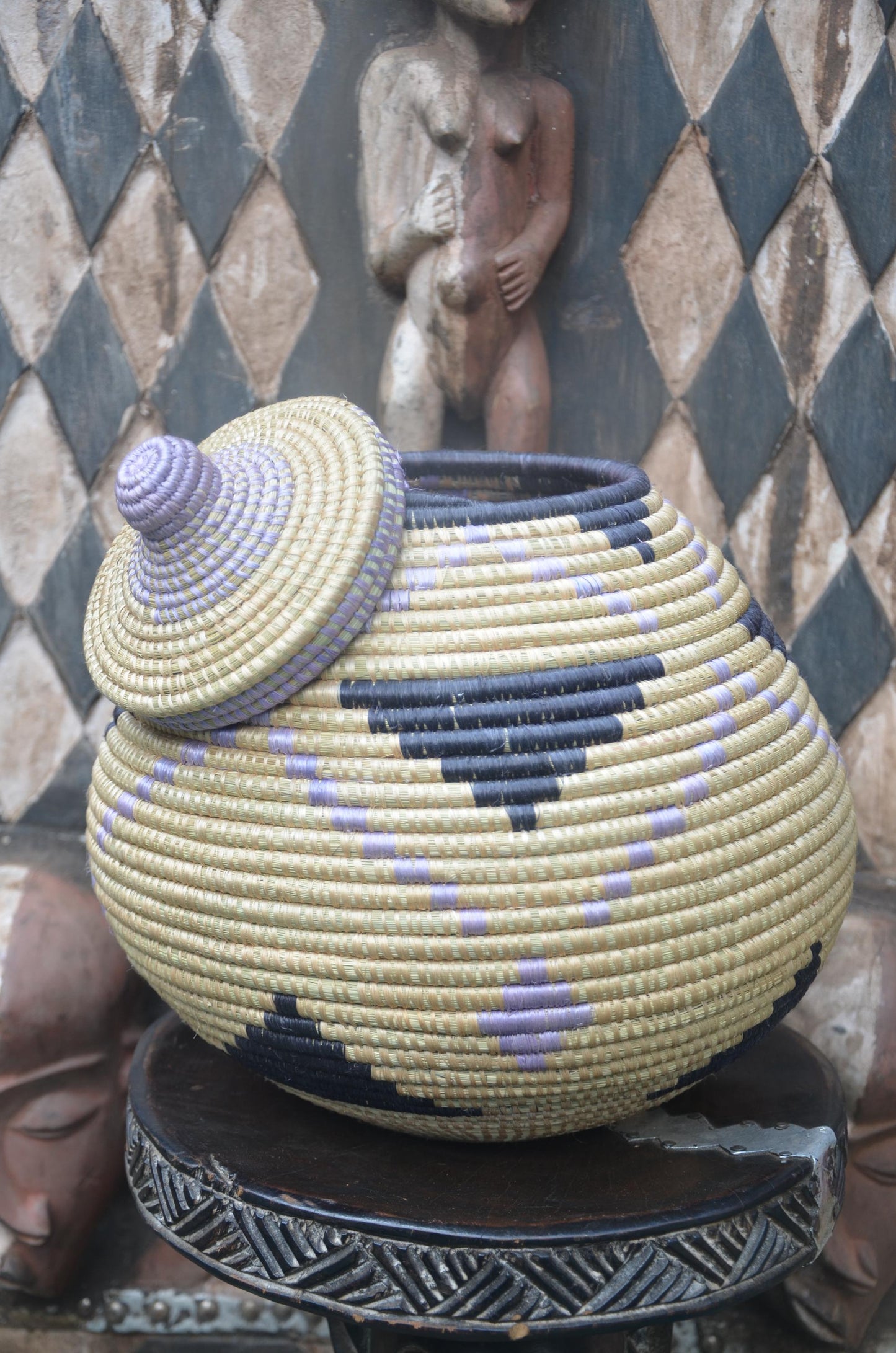 Rwandan Lidded Basket | Charcoal & Lavender Woven Storage | Artisan Home Decor