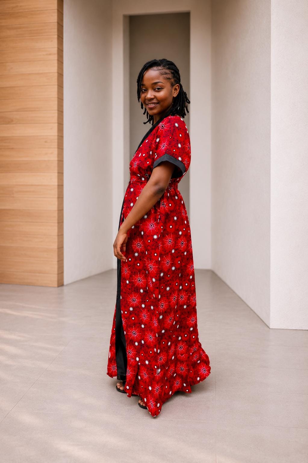Tie-Front Ankara Kimono Maxi | Cuffed Satin-Trim Boubou, Red Gown