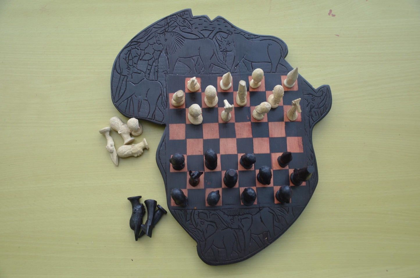 Makonde Animal-Themed Hand-Carved Wooden Chess Set | Tanzanian & Kenyan Artisan Game Board