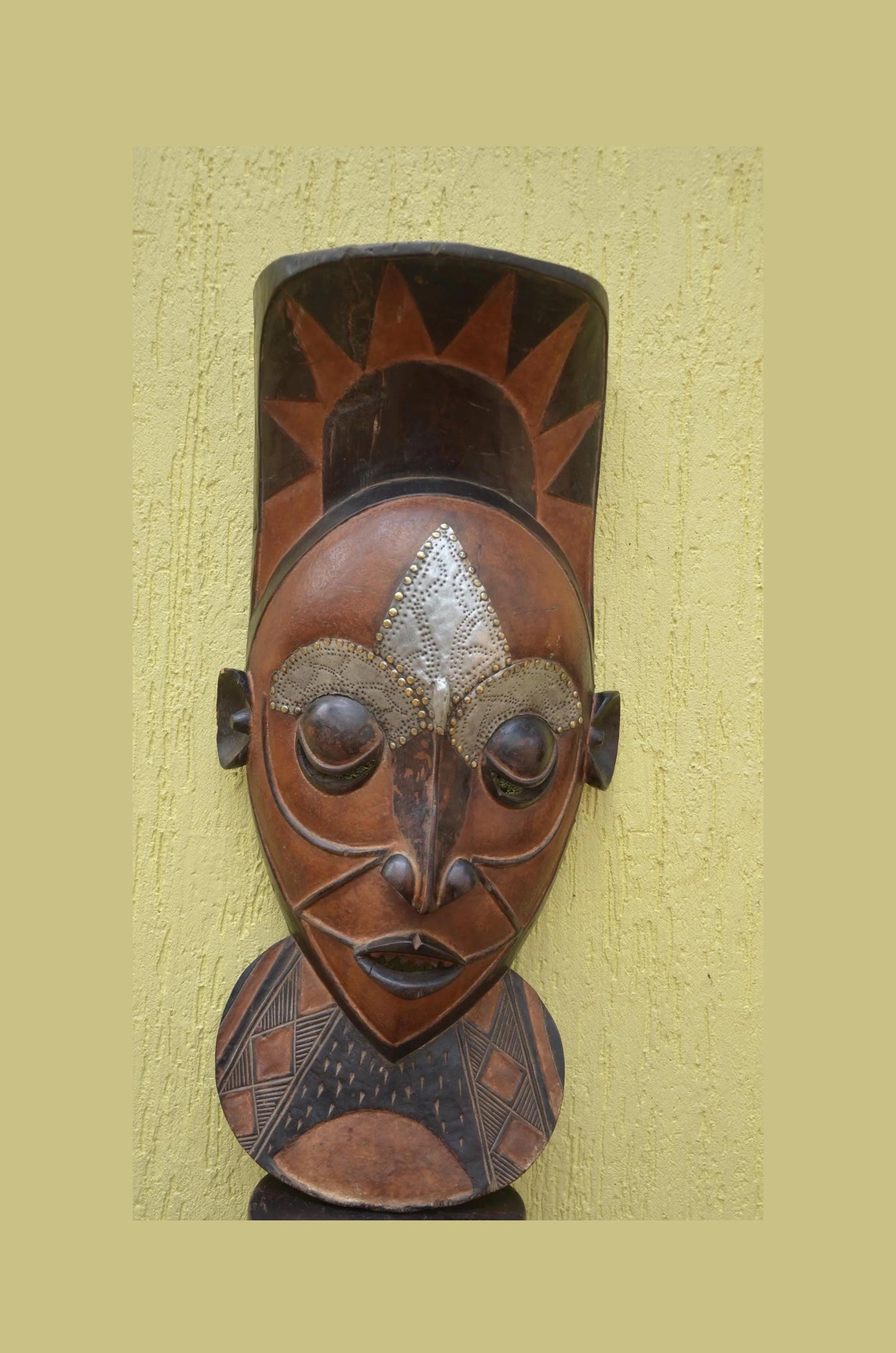 Marka African Mask – 34" Large Hand-Carved Wood & Brass Mask – Mali Wall Art.