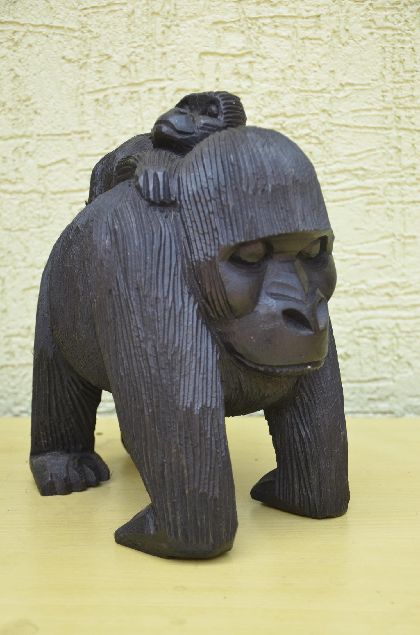 Large Hand Carved Wooden Gorilla and Baby | Wildlife Art