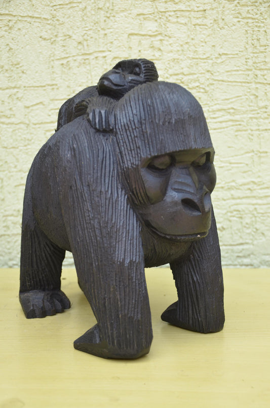Large Hand Carved Wooden Gorilla and Baby | Wildlife Art