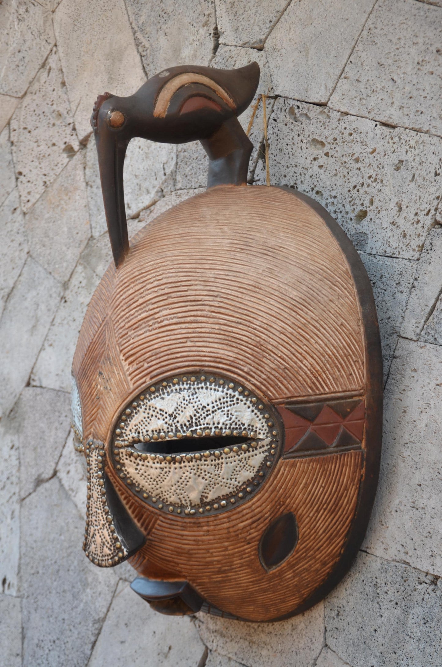 Luba Large African Mask – 33" Hand-Carved Wood & Brass Mask – Congo Wall Art.