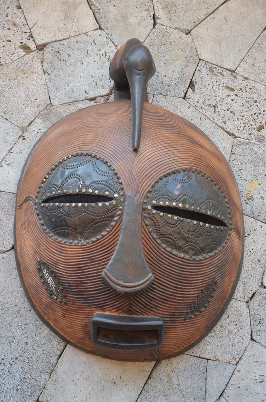 Grand Luba-Style African Mask - Massive 33" Hand-Carved Striated Wood Kifwebe Mask, Metal Sheet Overlay & Bird Crest Statement Piece.