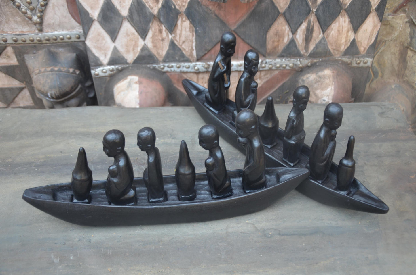 Set of 2 Hand-Carved African Canoe Sculptures | Fisherman Decor