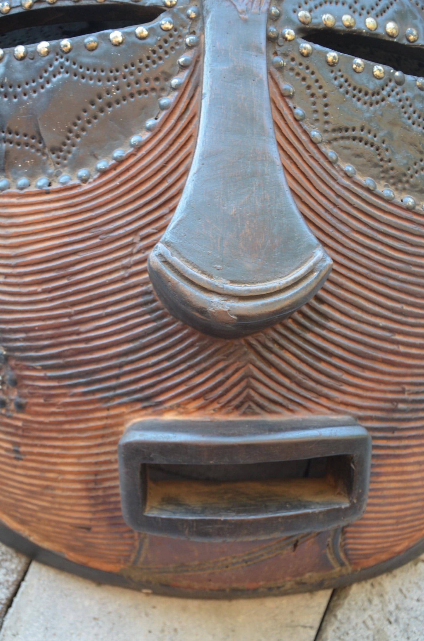 Grand Luba-Style African Mask - Massive 33" Hand-Carved Striated Wood Kifwebe Mask, Metal Sheet Overlay & Bird Crest Statement Piece.