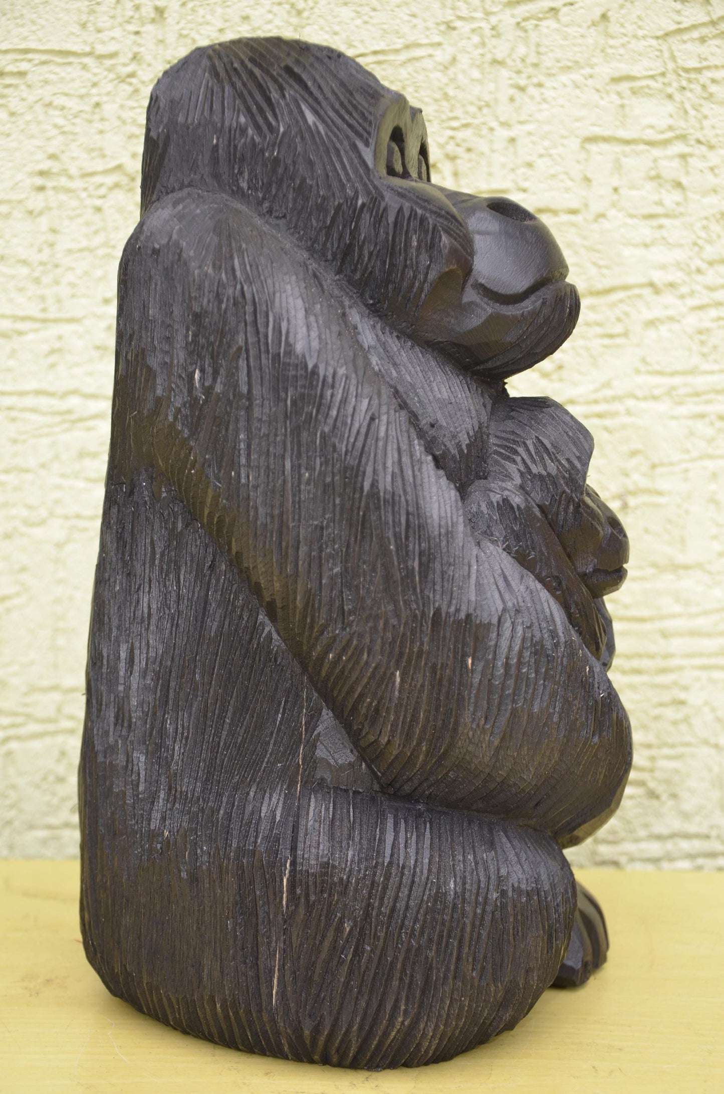 Seated Wooden Gorilla Maternity Sculpture | Wildlife Family Art Figurine
