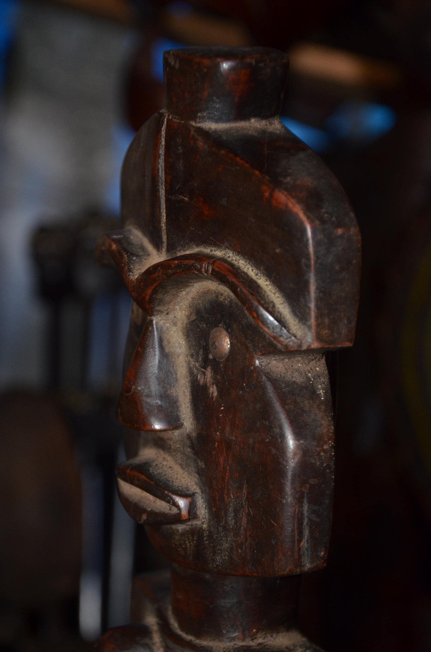 Fang Reliquary Guardian Figure - 17" Authentic Gabon Eyema Byeri Wood Statue, Cubist Geometry Ancestor Carving.