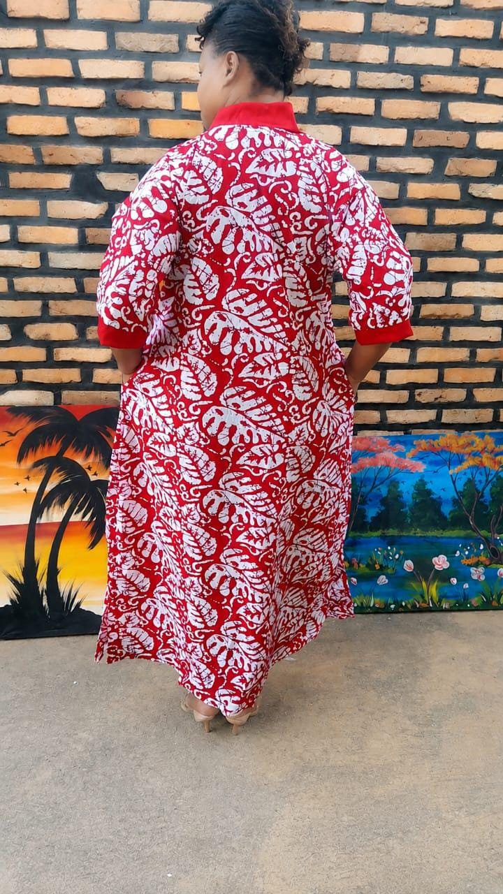 Elegant African Kaftan | Red White Boubou Dress | Flowy Ankara Cotton Maxi Gown