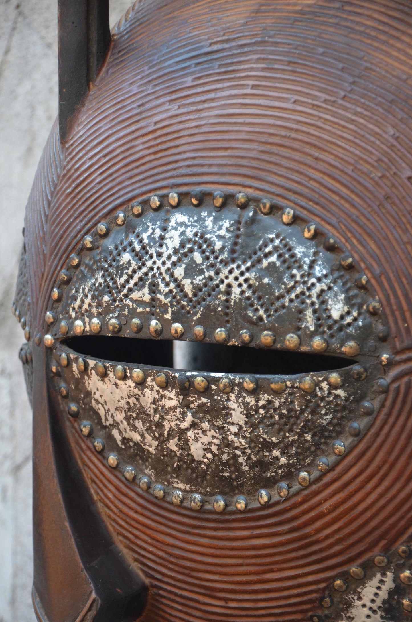 Luba Large African Mask – 33" Hand-Carved Wood & Brass Mask – Congo Wall Art.