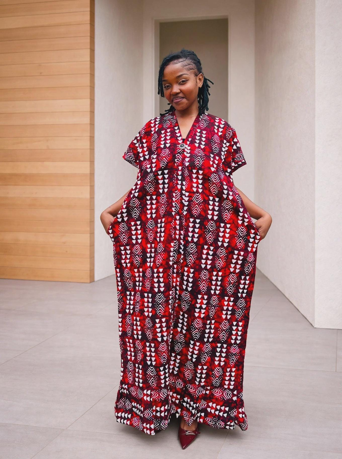 Arrowhead Ankara Boubou Gown | Geometric Cascade Kaftan, Wine Red Maxi