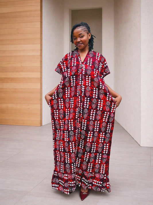 Arrowhead Ankara Boubou Gown | Geometric Cascade Kaftan, Wine Red Maxi