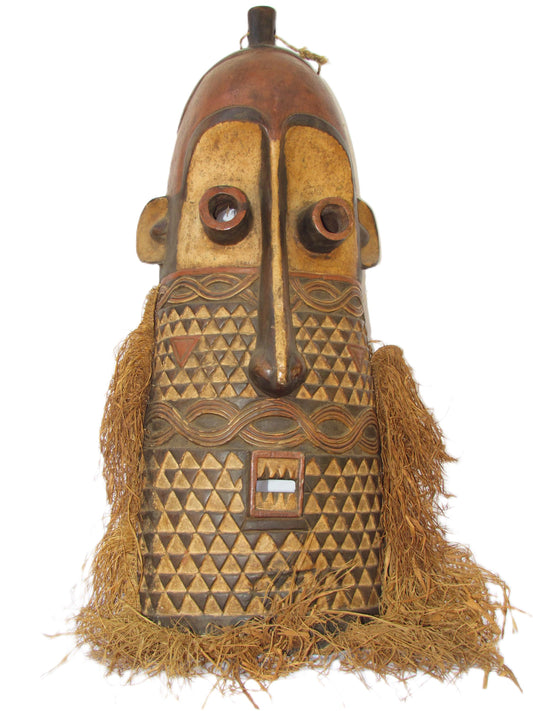 Rare African Tribal Brown Mask from MBOLE tribe with a Long nose, Primitive art DRC Zaire ethnographic art ethnic object home decor.