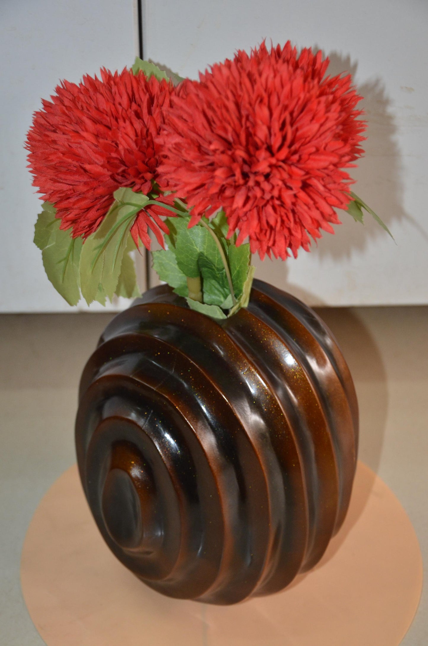 Spherical Wooden Ribbed Vase | Metallic Bronze Round Spiral Vessel
