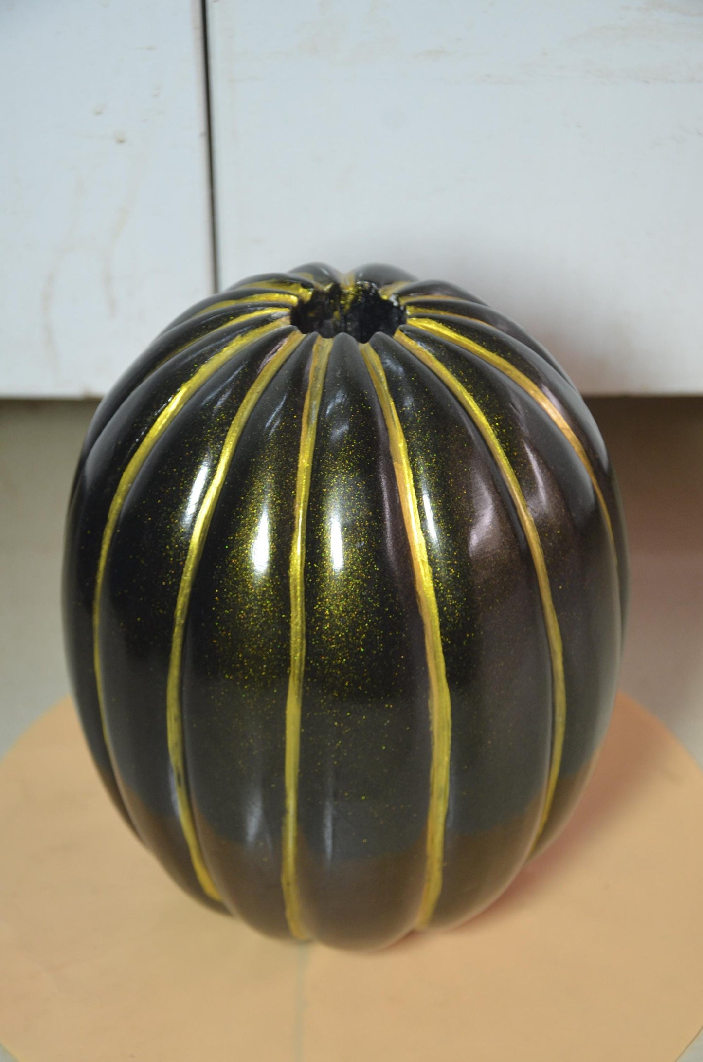 Fluted Wooden Pumpkin Vase | Metallic Bronze Gold Ribbed Vessel