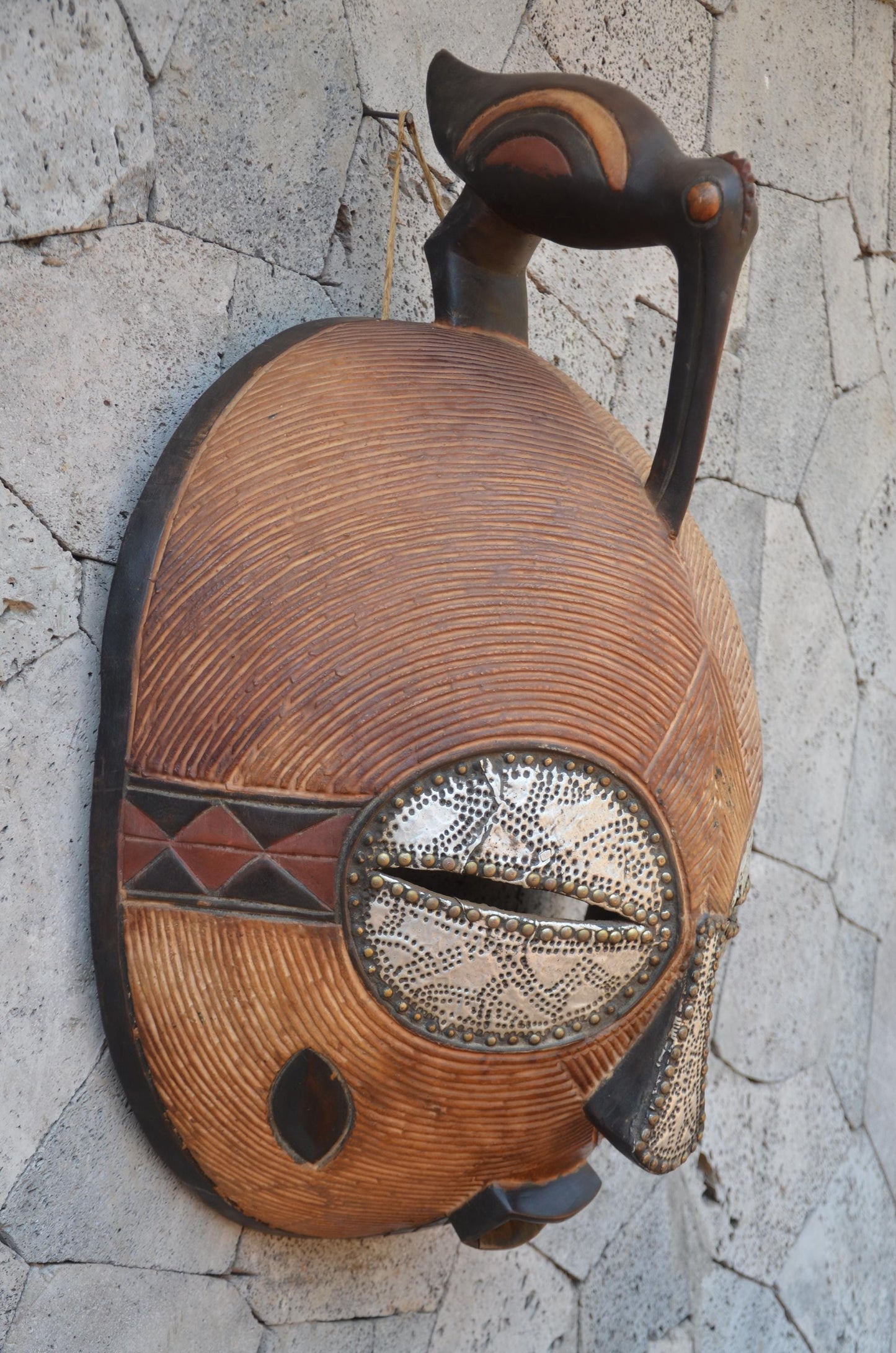 Luba Large African Mask – 33" Hand-Carved Wood & Brass Mask – Congo Wall Art.