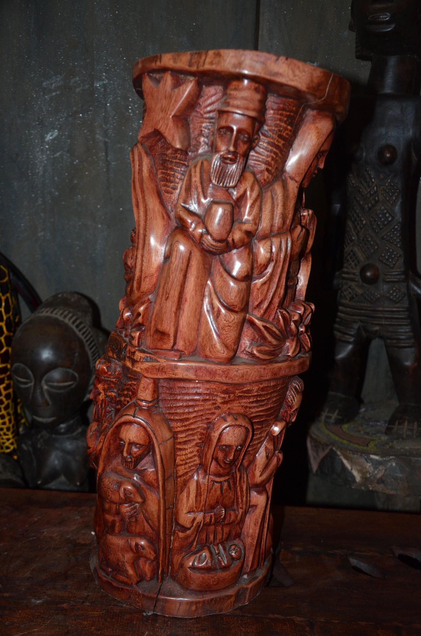 African Carved Wooden Stool | Relief Side Table | Handmade Tribal Furniture