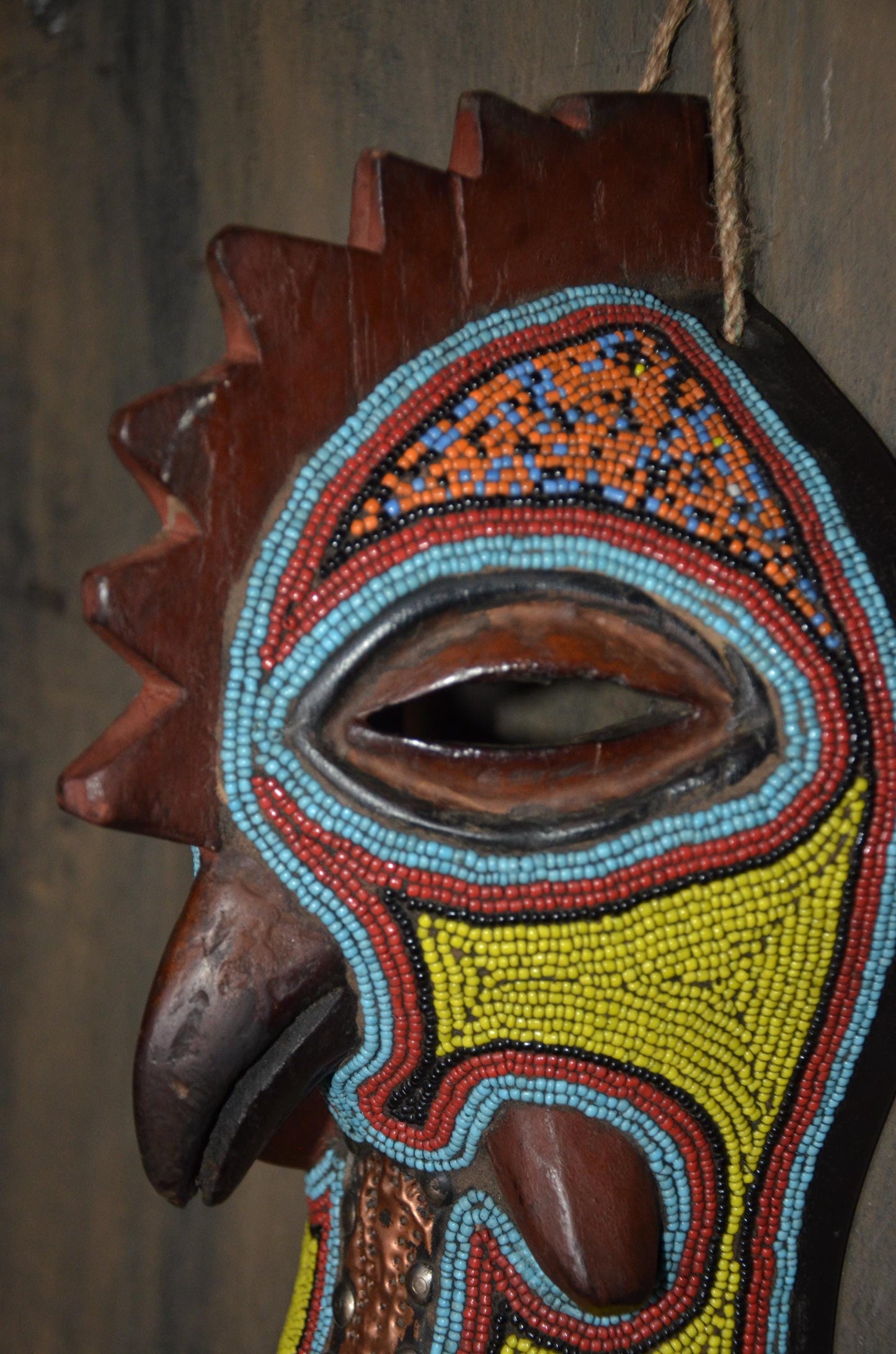 Beaded Rooster Mask – 12" Hand-Carved Wood Tribal Bird Mask – Wall Decor.