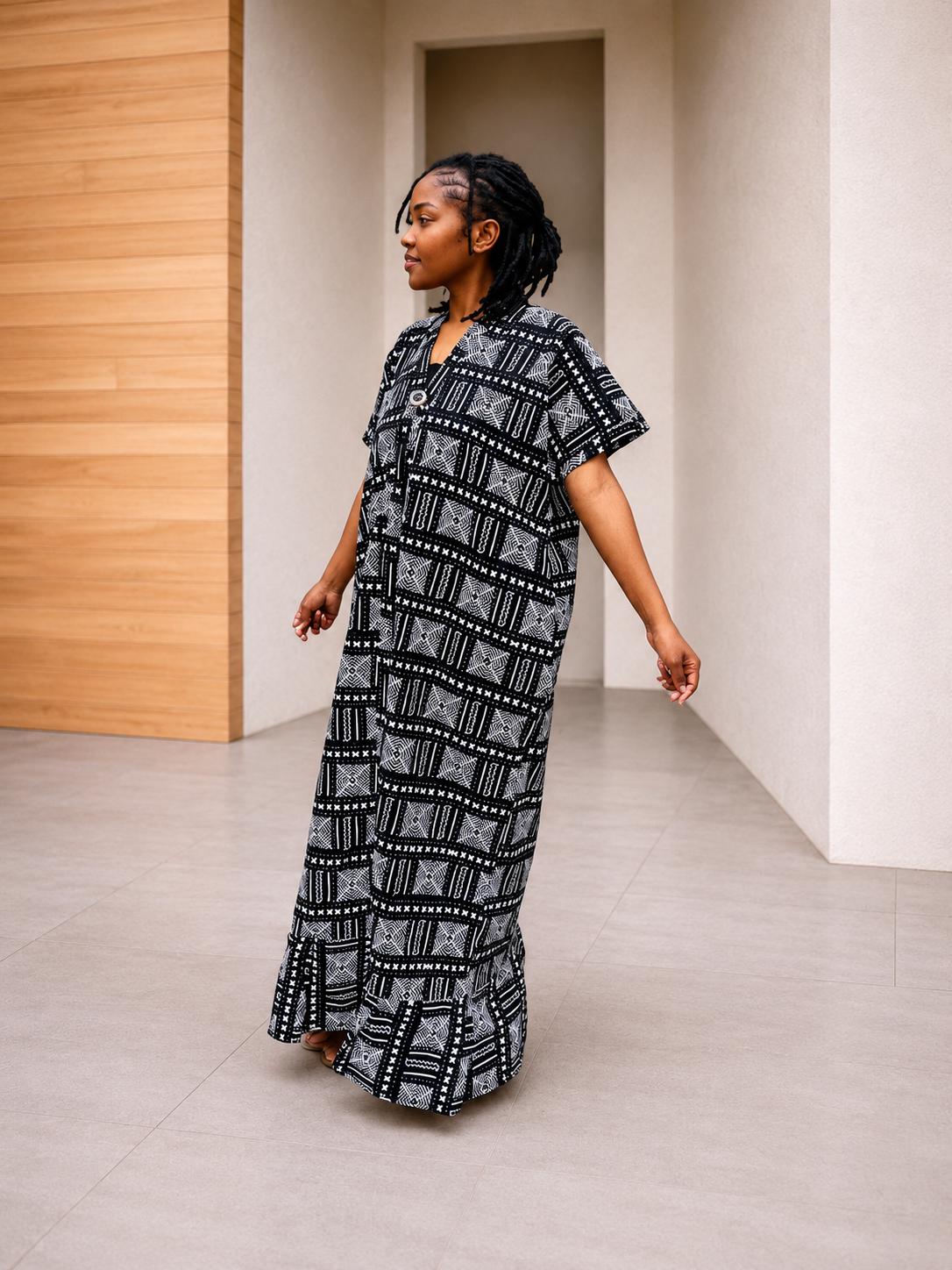 Black & White Box-Pattern Shirt Kaftan | Buttoned Tribal Boubou, Monochromatic Maxi