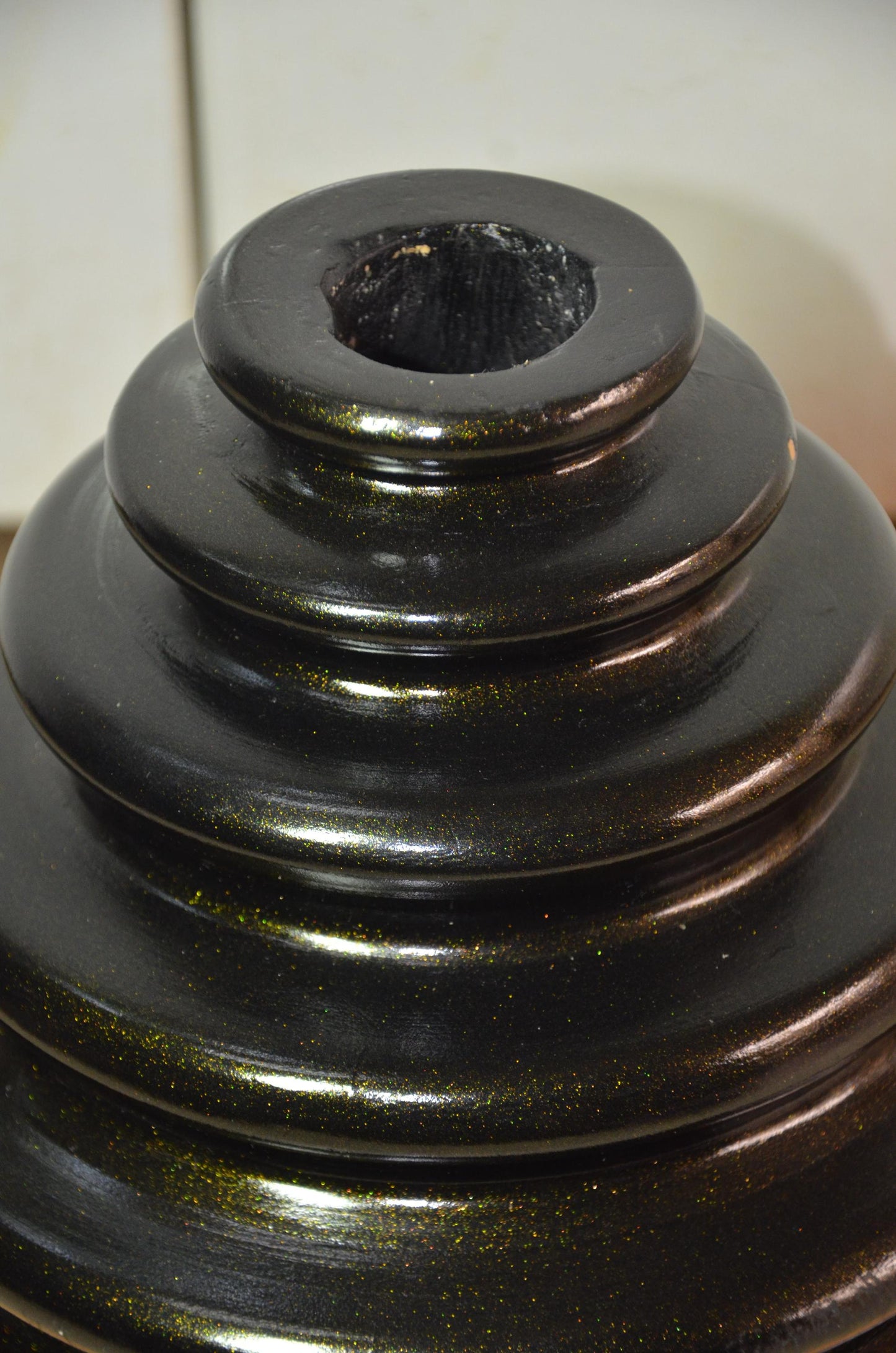 Large Black Wooden Ribbed Vase | Gold Shimmer Beehive Ringed Vessel, Nordic Decor
