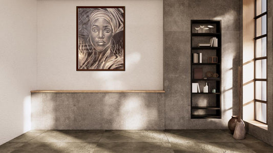 Toile murale représentant une femme africaine | Portrait abstrait de femme noire | Grande décoration murale moderne pour salon ou chambre