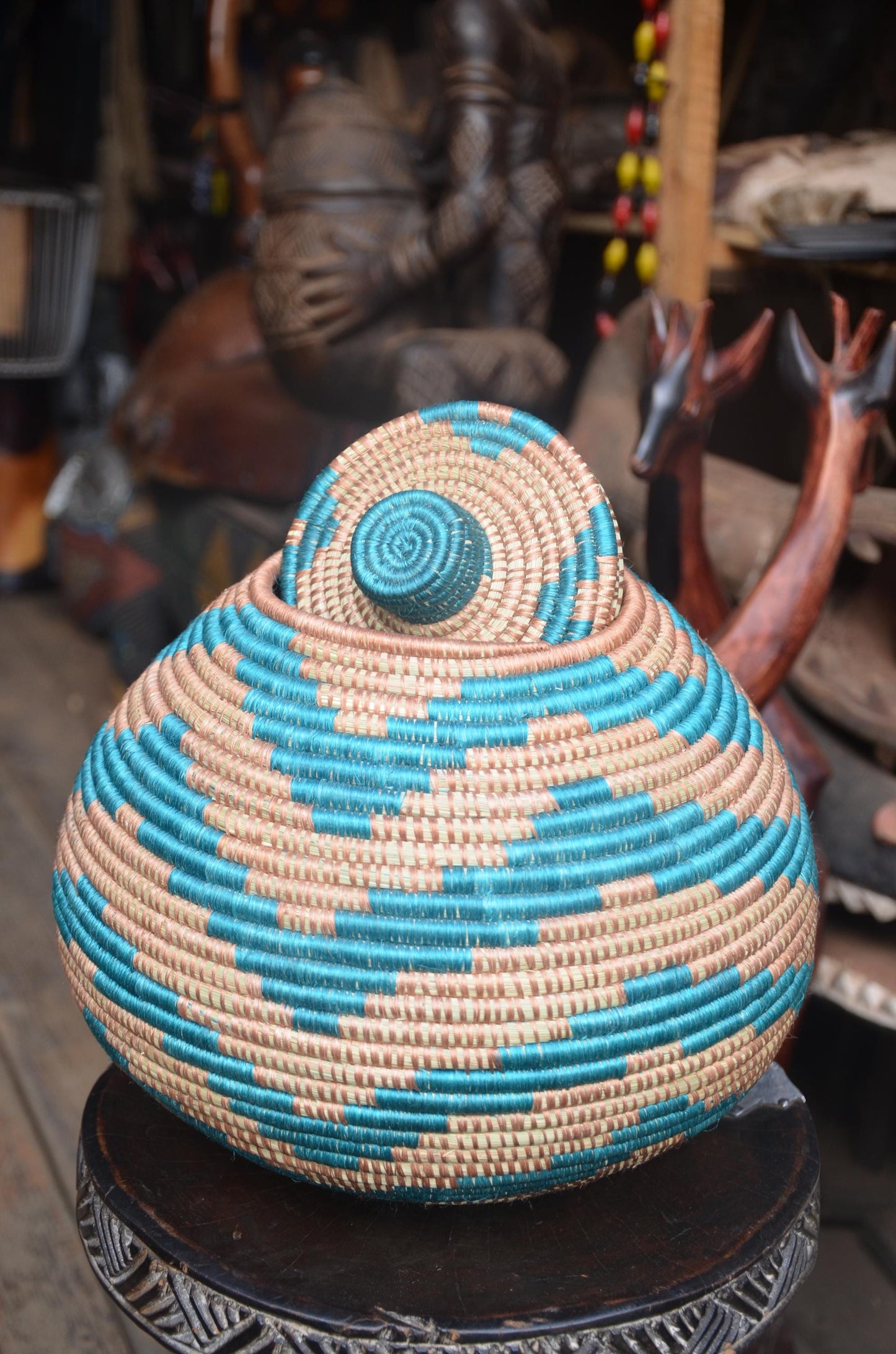 Authentic Rwandan Lidded Basket | Hand-Woven Storage | Global Artisan Decor