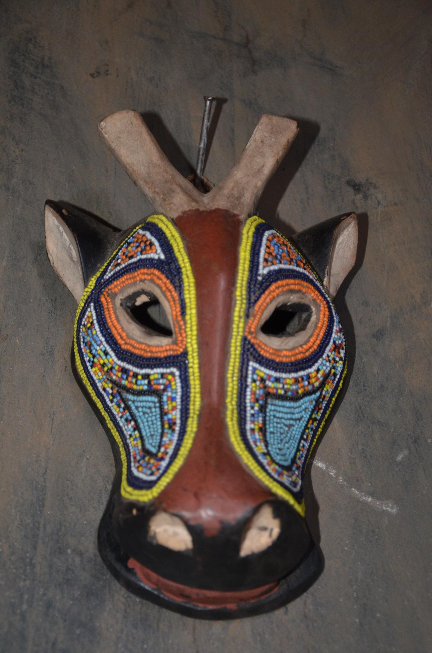 Beaded Antelope Mask – 11" Hand-Carved Wood Tribal Animal Mask – Wall Art.