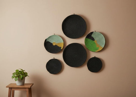 Set of 6 Handwoven Round Wall Baskets – Green & Gold Sisal Decor (1 Set)