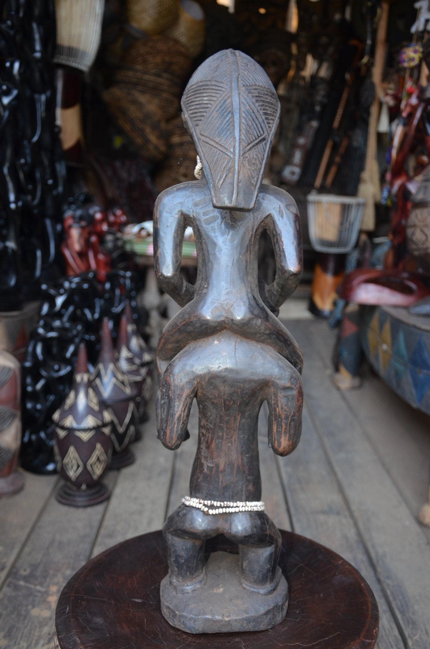 Authentic Luba Dual-Figure Statue – Hand-Carved Wood Ancestor Sculpture, Beaded Accent Congo