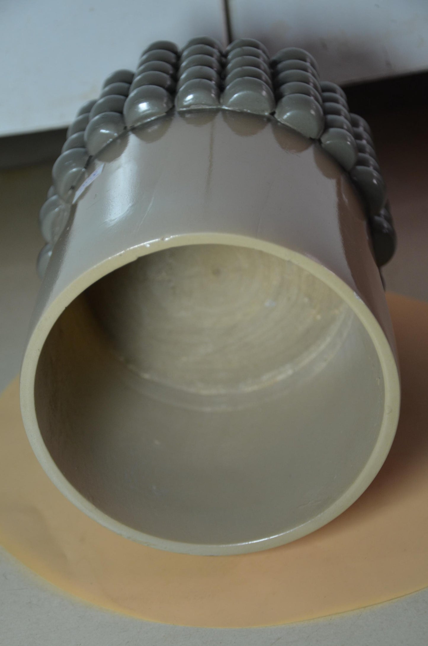Beaded Wooden Cylinder Vase | Beige and Grey Bubble Texture Pillar Vessel