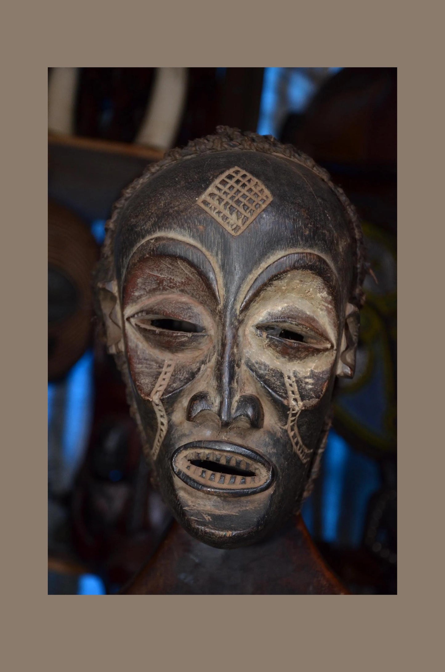 Authentic Chokwe Pwo Mask - 14" Hand-Carved Wood Female Ancestor Portrait Sculpture, Traditional Kaolin Infill.