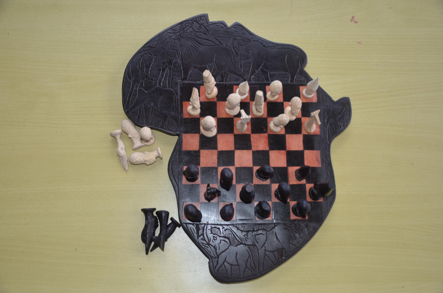 Makonde Animal-Themed Hand-Carved Wooden Chess Set | Tanzanian & Kenyan Artisan Game Board