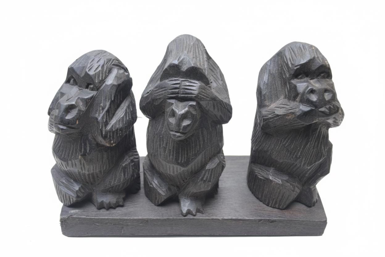 Three Wise Gorillas Wood Carving, See Hear Speak No Evil African Statue Set