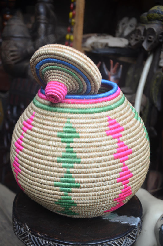 Rwandan Lidded Basket | Colorful Woven Storage | Artisan Hand-Woven Decor