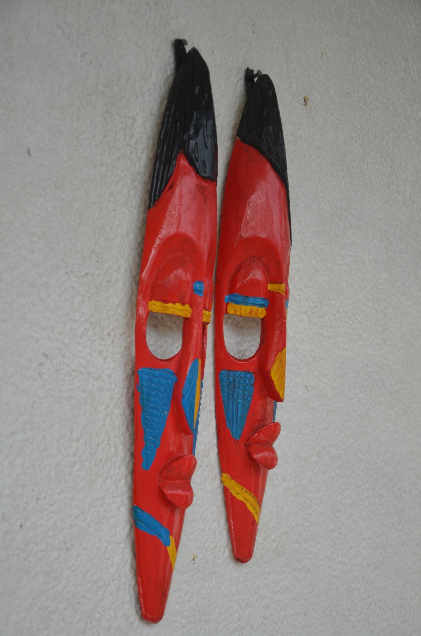 Hand-Carved Nyiginya Kingdom Crimson Red Wooden Facemask Couple | African Tribal Wall Art Decor