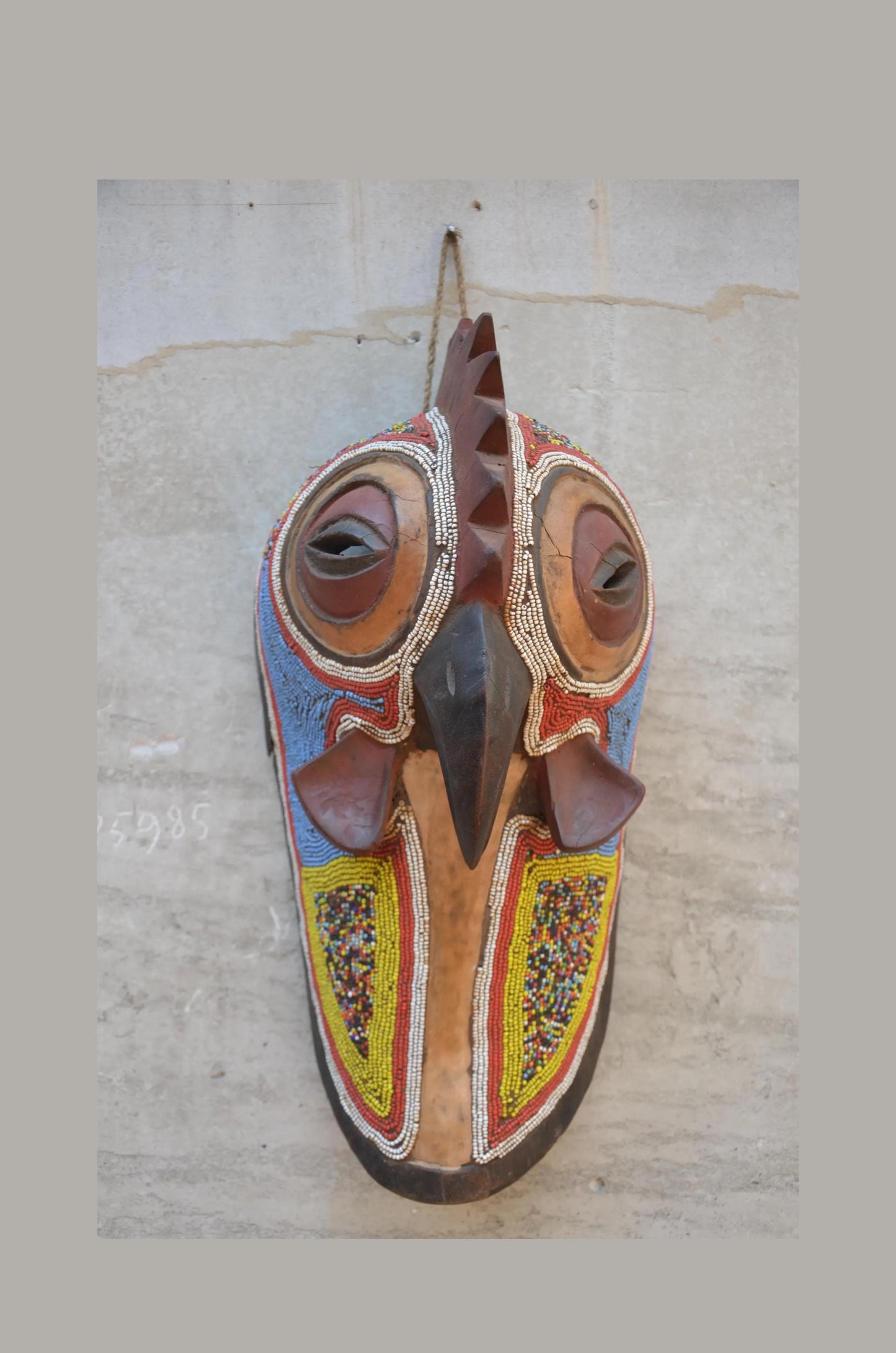 Authentic Cameroon Grassfields Beaded Rooster Mask - 17" Hand-Carved African Zoomorphic Bird Mask, Bamileke Style Beadwork Wall Sculpture.