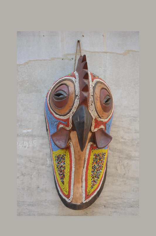 Authentic Cameroon Grassfields Beaded Rooster Mask - 17" Hand-Carved African Zoomorphic Bird Mask, Bamileke Style Beadwork Wall Sculpture.