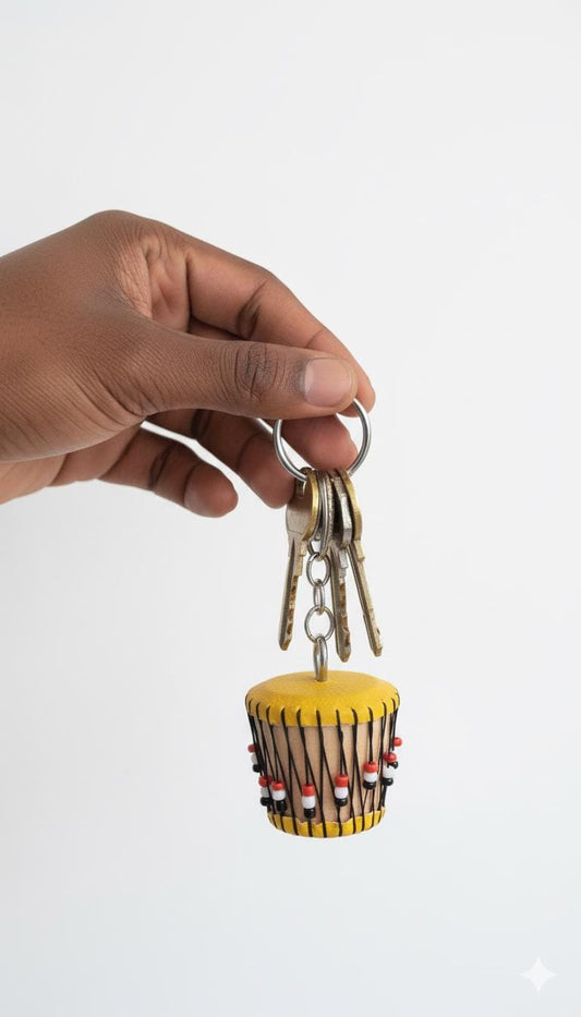 Wooden African Drum Keyholder Set of 2, Handmade Carved Djembe Miniature Instrument Keyring Gift