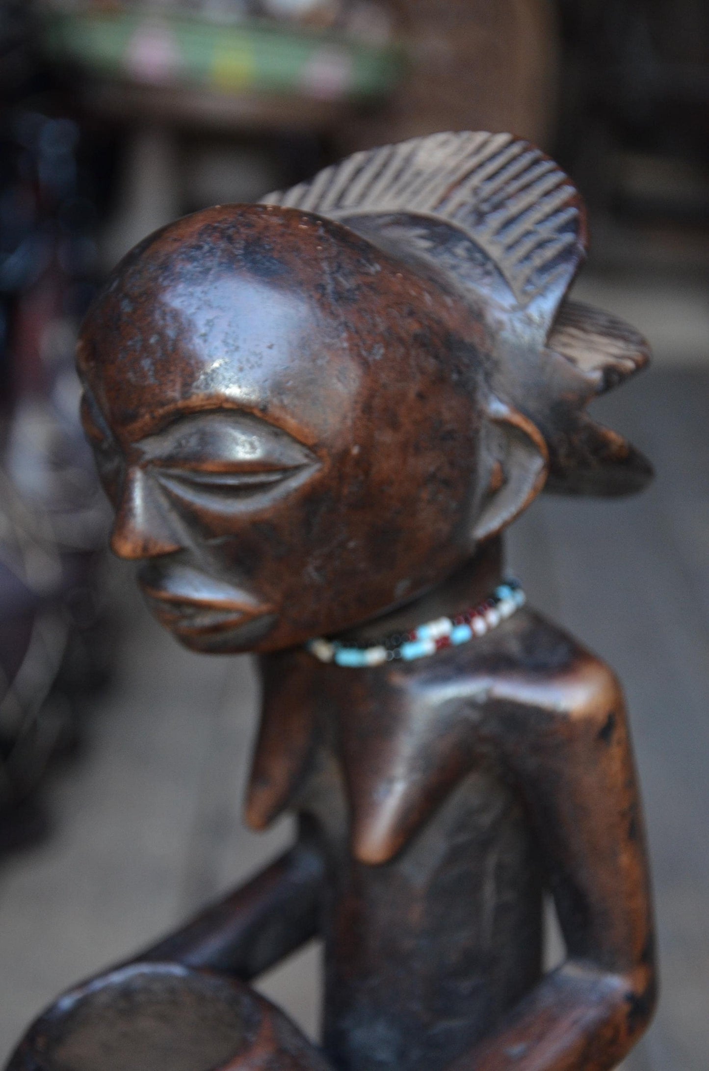 Authentic Luba Bowl-Bearer Statue - 14" Hand-Carved Wood Mboko Female Ancestor Sculpture, Devotional Figure with Bead Accent.