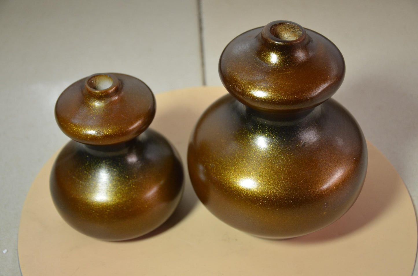 Set of 2 Bronze Wooden Gourd Vases | Metallic Gold Calabash Vessel Duo | Modern Nordic Home Decor Accent | Handcrafted Minimalist Wood Art