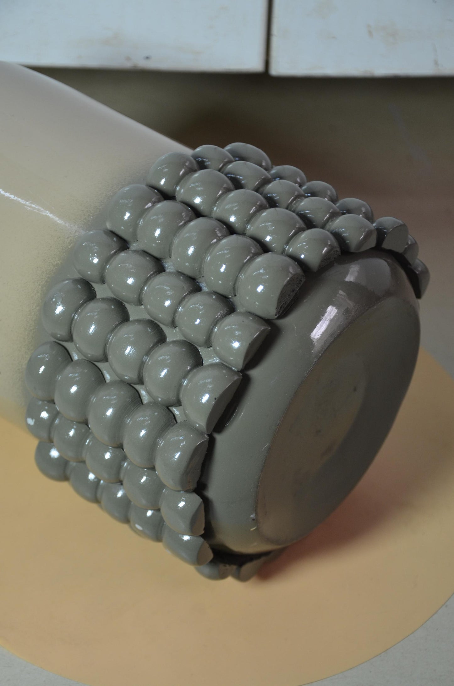 Beaded Wooden Cylinder Vase | Beige and Grey Bubble Texture Pillar Vessel