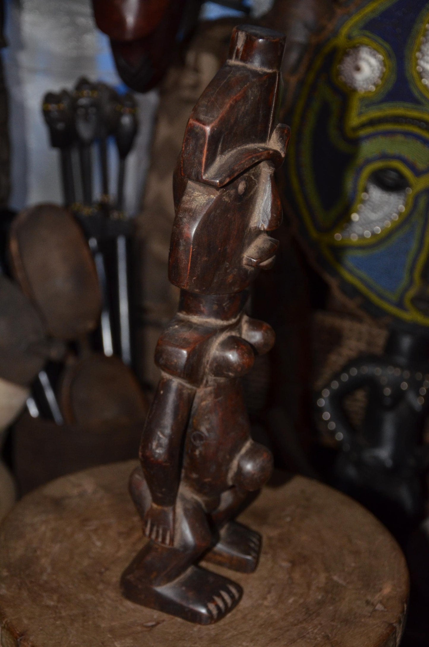 Fang Reliquary Guardian Figure - 17" Authentic Gabon Eyema Byeri Wood Statue, Cubist Geometry Ancestor Carving.